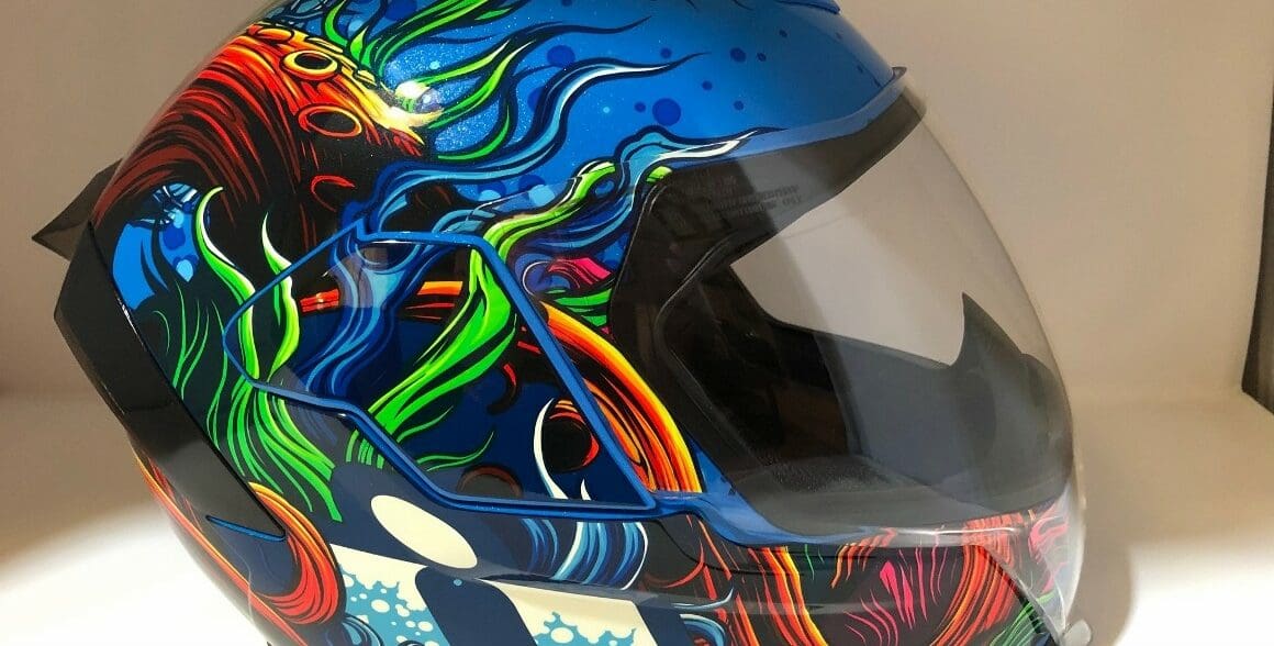 Icon Airflite Inky Helmet side view with FliteShield down and Drop Screen up