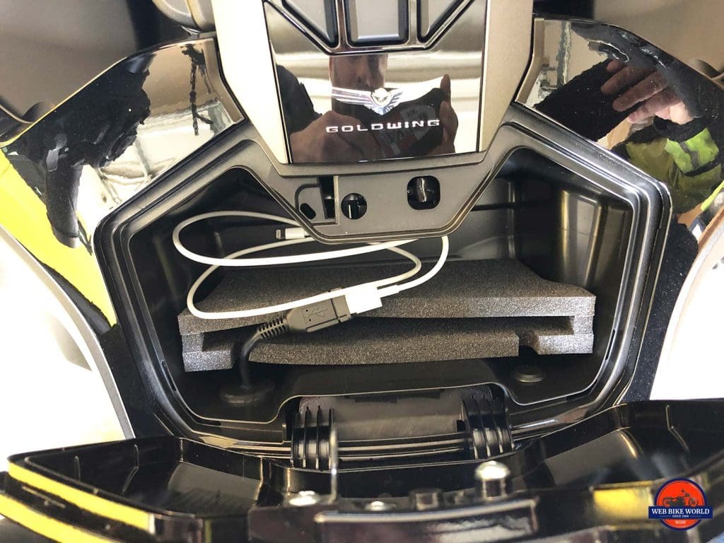 Honda Gold Wing DCT cell phone compartment.