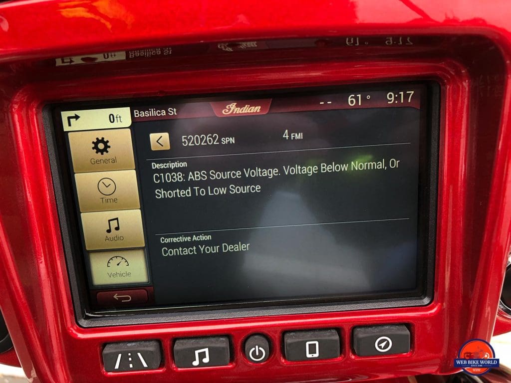 Trouble codes on the Indian Chieftain display screen.