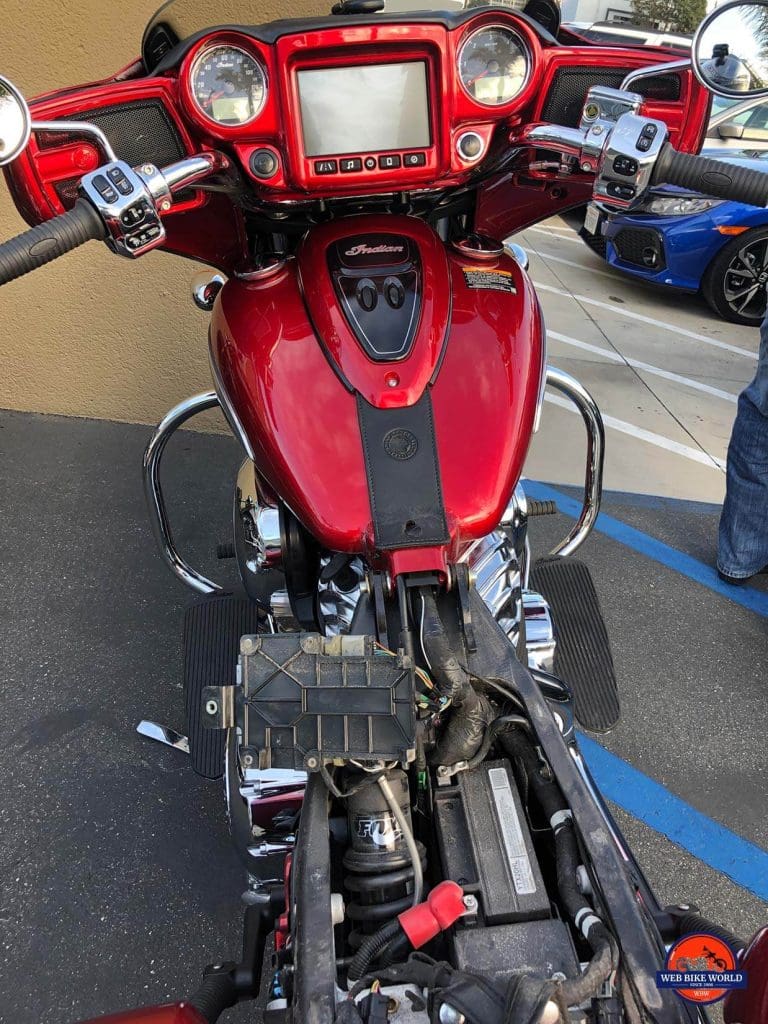 Indian Chieftain Ltd with the seat removed showing battery access.