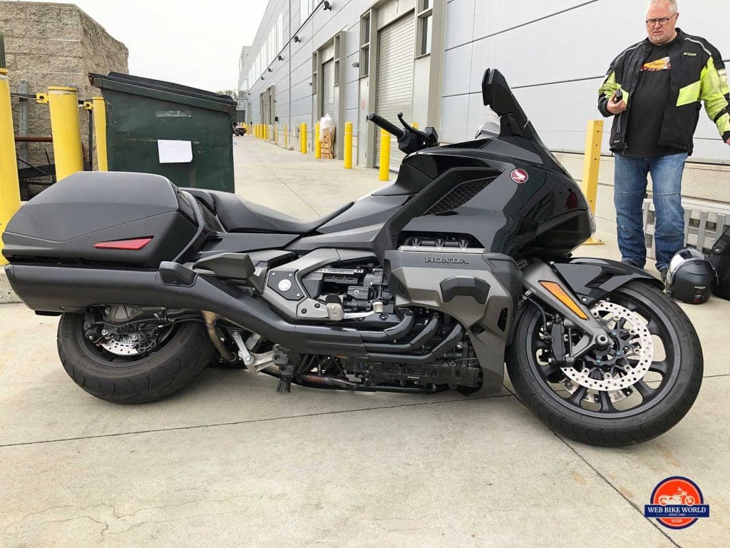 Honda Gold Wing DCT resting on the frame sliders.