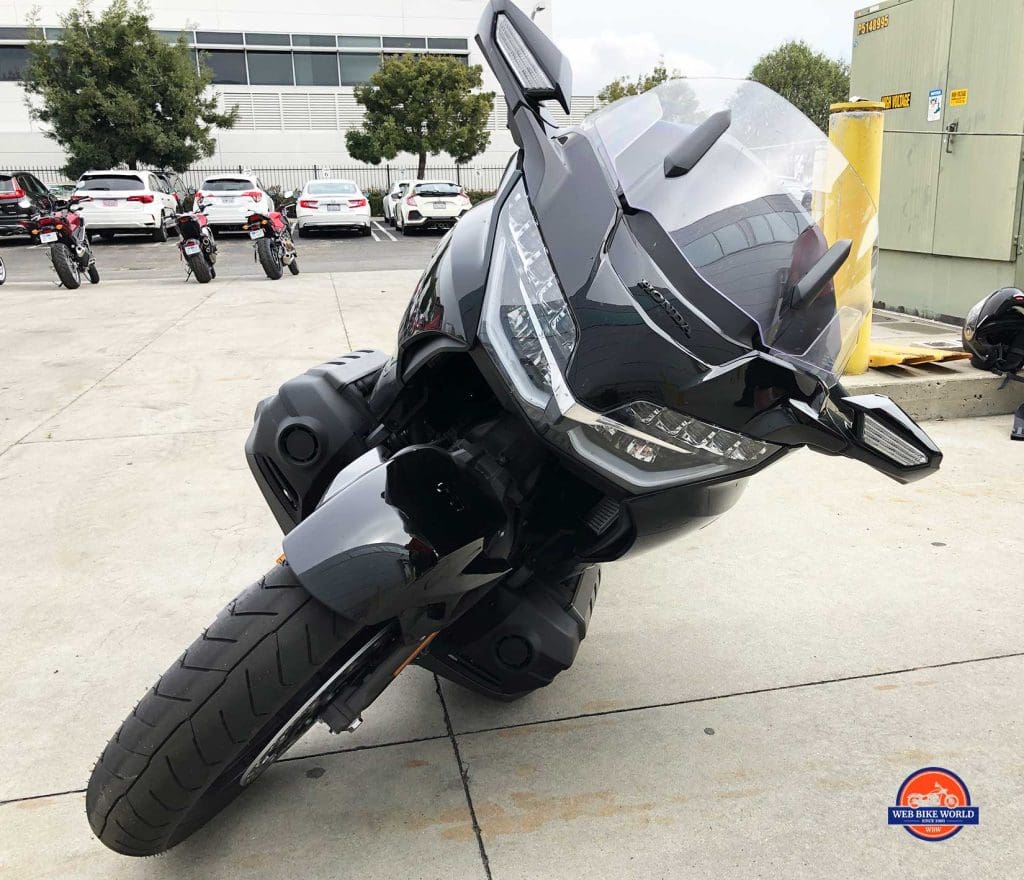 Honda Gold Wing DCT resting on the frame sliders.