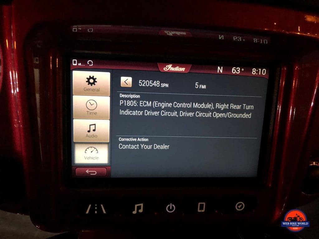 Trouble codes on the Indian Chieftain display screen.