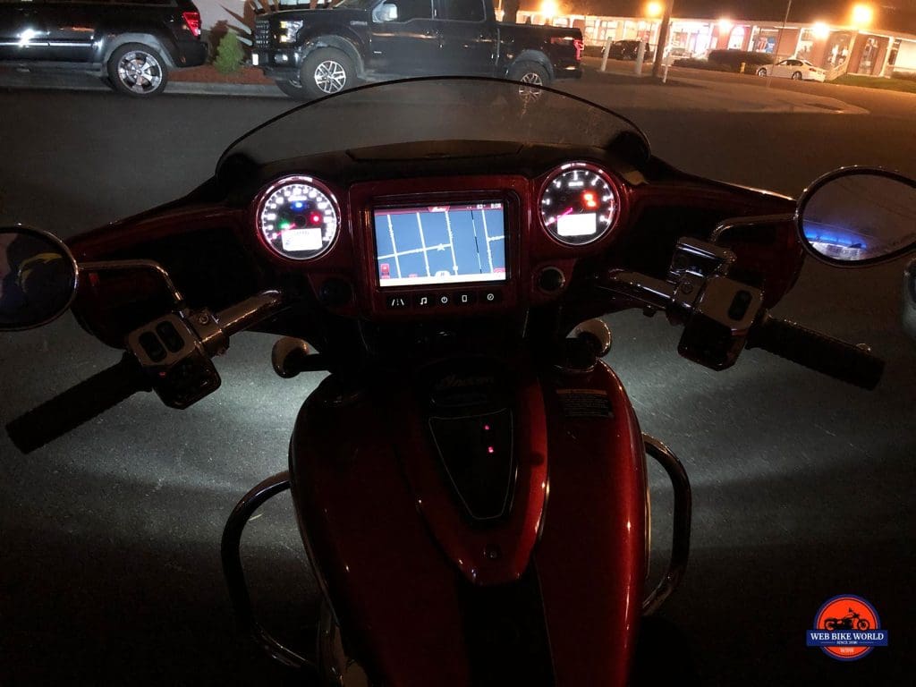 Indian Chieftain Ltd gauges at night.