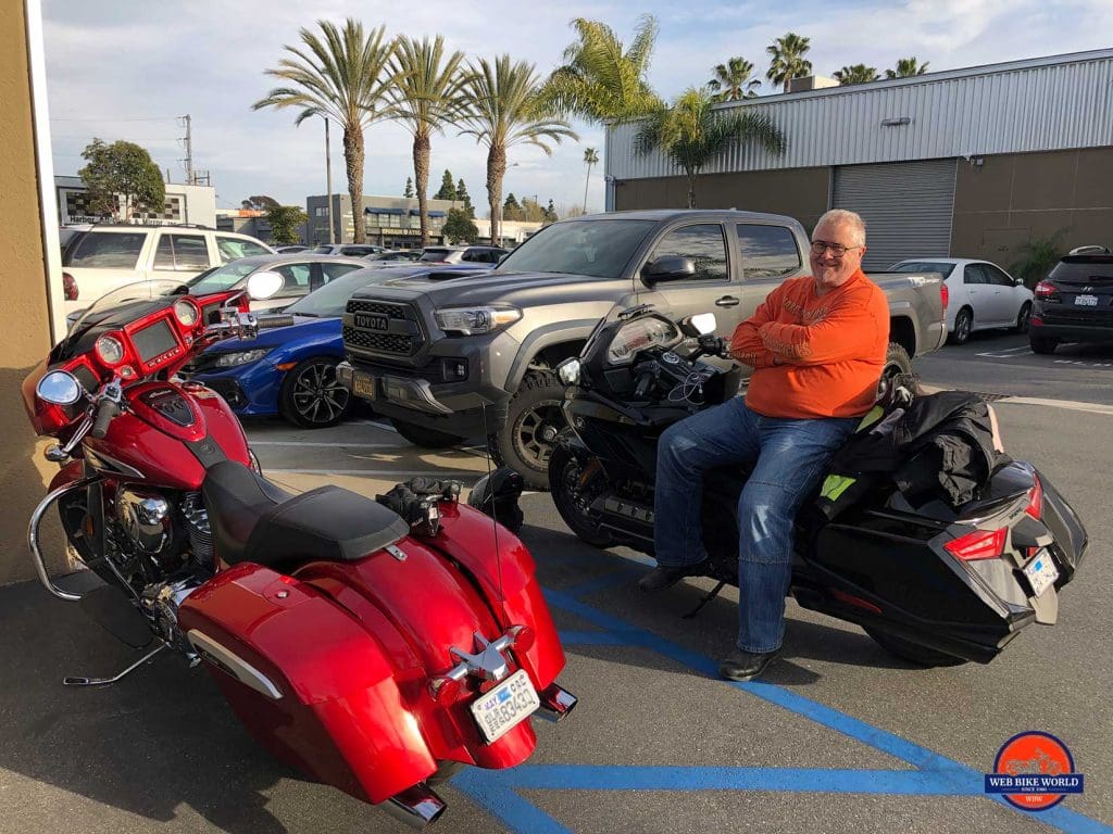 Greg with the Honda Gold Wing DCT and Indian Chieftain Limited.