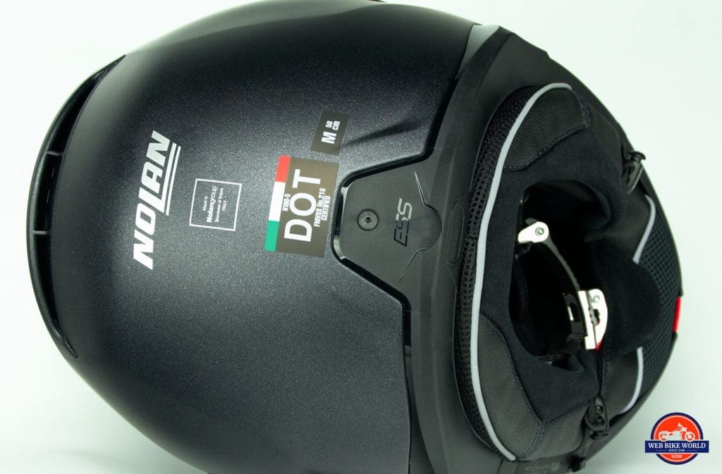 Rear view of the DOT sticker on the Nolan N100-5 helmet with N-Com B901L installed.