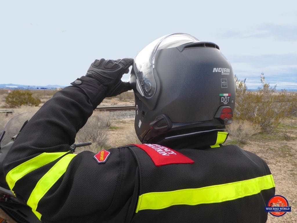 Rear view of the Nolan N100-5 helmet with N-Com B901L installed.