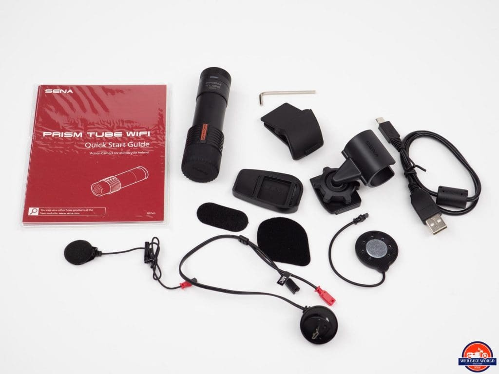 Sena Prism Tube WiFi Action Camera, accessories, & quick start guide