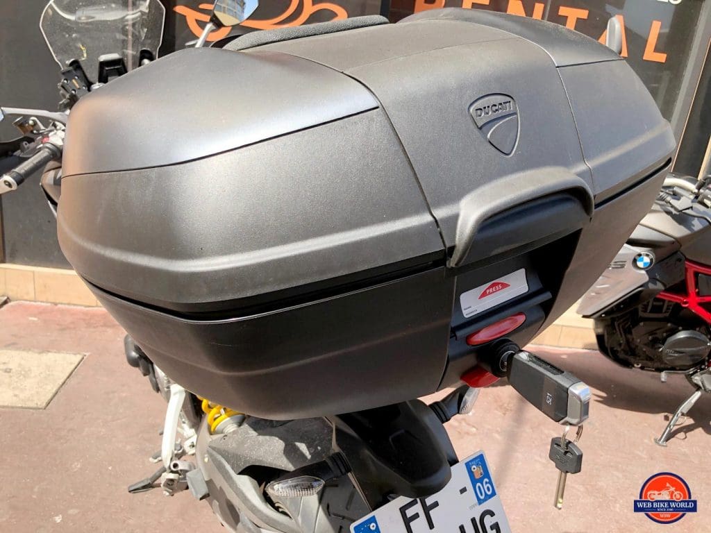 2019 Ducati Multistrada 1260S tour pack with key in the lock.