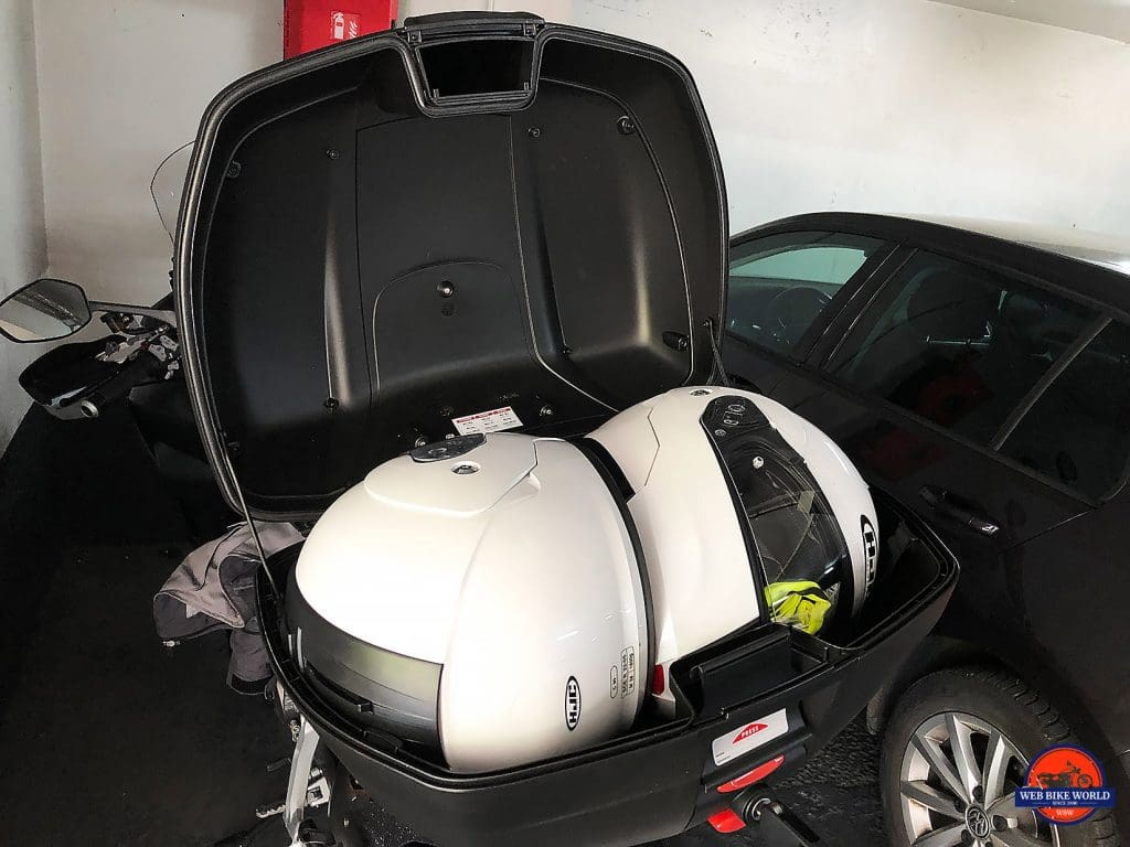 2019 Ducati Multistrada 1260S tour pack with two helmets inside.