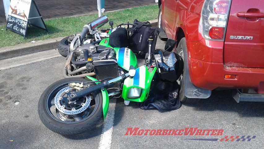 Toowoomba riding trainer Tony Gallagher watched in horror as his Kawasaki ZRX1200R sunk into thin bitumen and tall over in a Crows Nest main street parking bay.