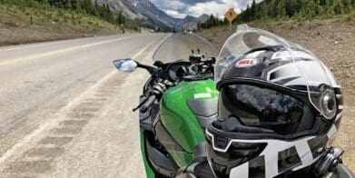 Bell SRT Modular helmet sitting on a Kawasaki H2SX SE.