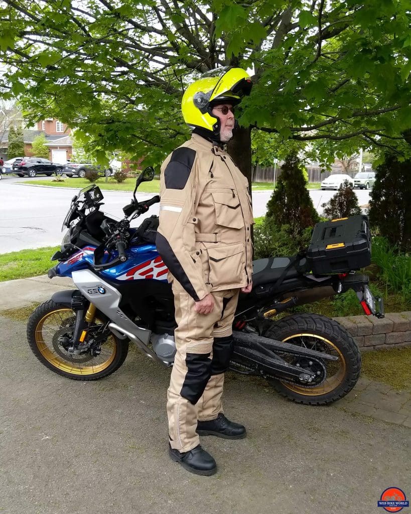Motonation Cappra Vented Textile Pants worn by Bruce looking cool in Sand
