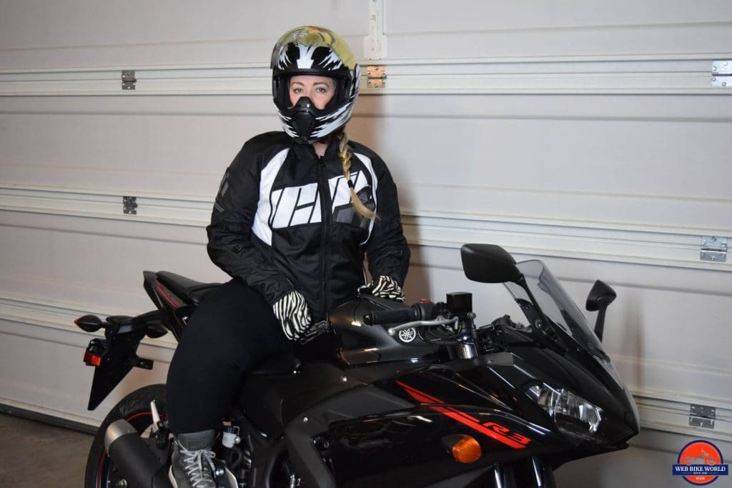 ICON Women’s Automag 2 Jacket worn by Brittany while on motorcycle for full style look