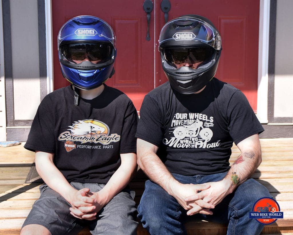 Father and son wearing the Shoei GT Air and GT Air II helmets.