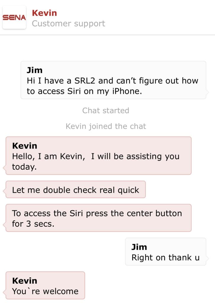 Chat window from Sena.com help line.