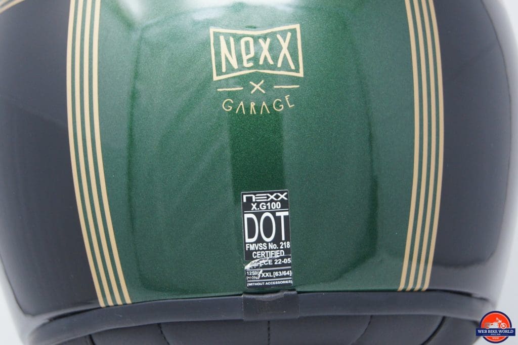 NEXX X.G100 Racer Motordrome Helmet rear view of DOT certification and logo