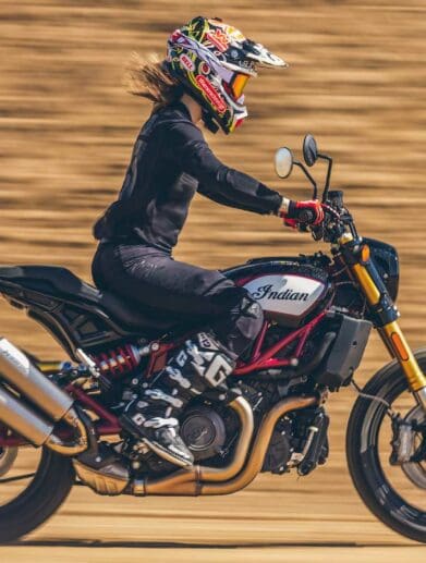 Vicki golden on an Indian FTR 1200 S at Evel Live 2