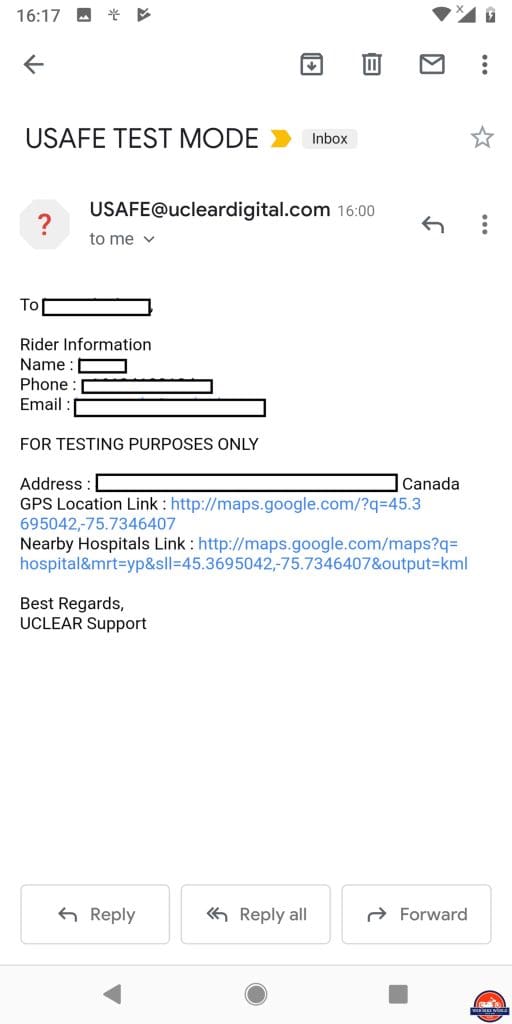 CLEARLink App, USAFE Sequence, Screen 3 of 5, Impact Notification TEST