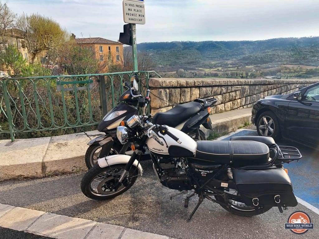 Some motorcycles parked in Moustiers Saint Marie, France.