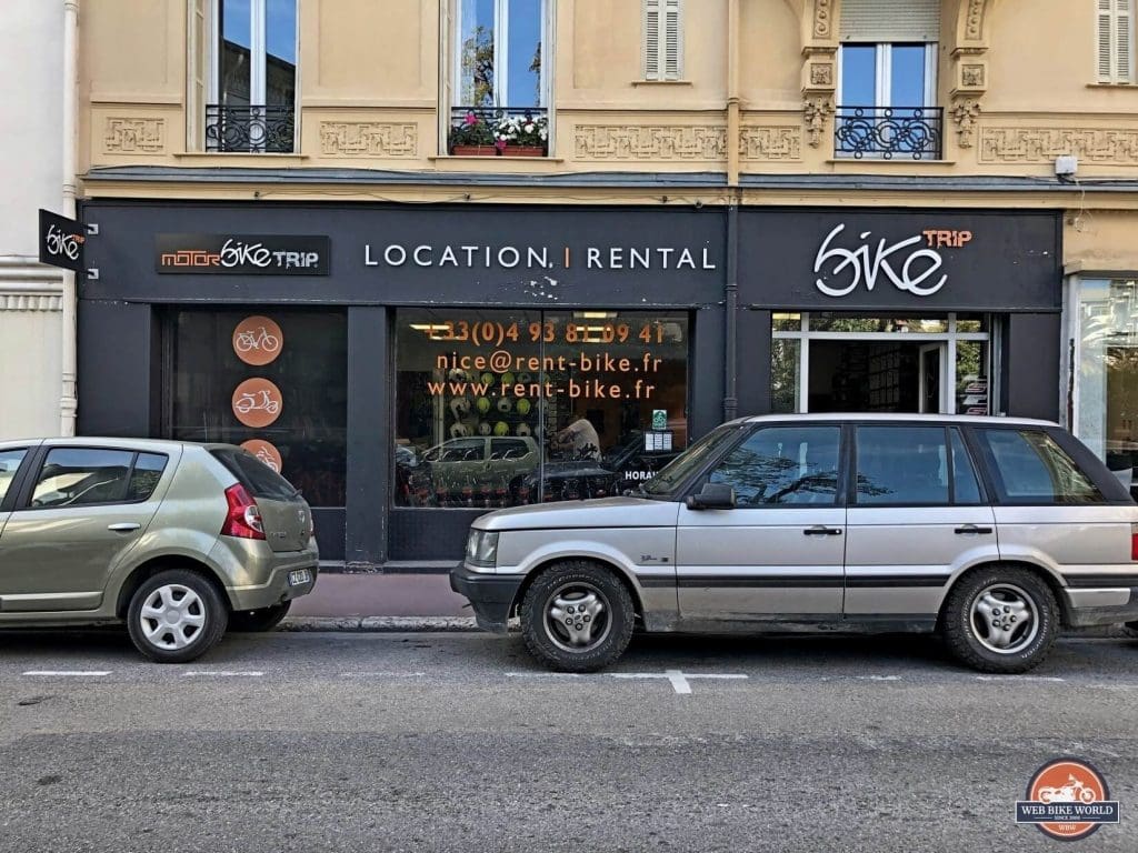 Storefront in Nice, France for Motorbike Trip Rental.