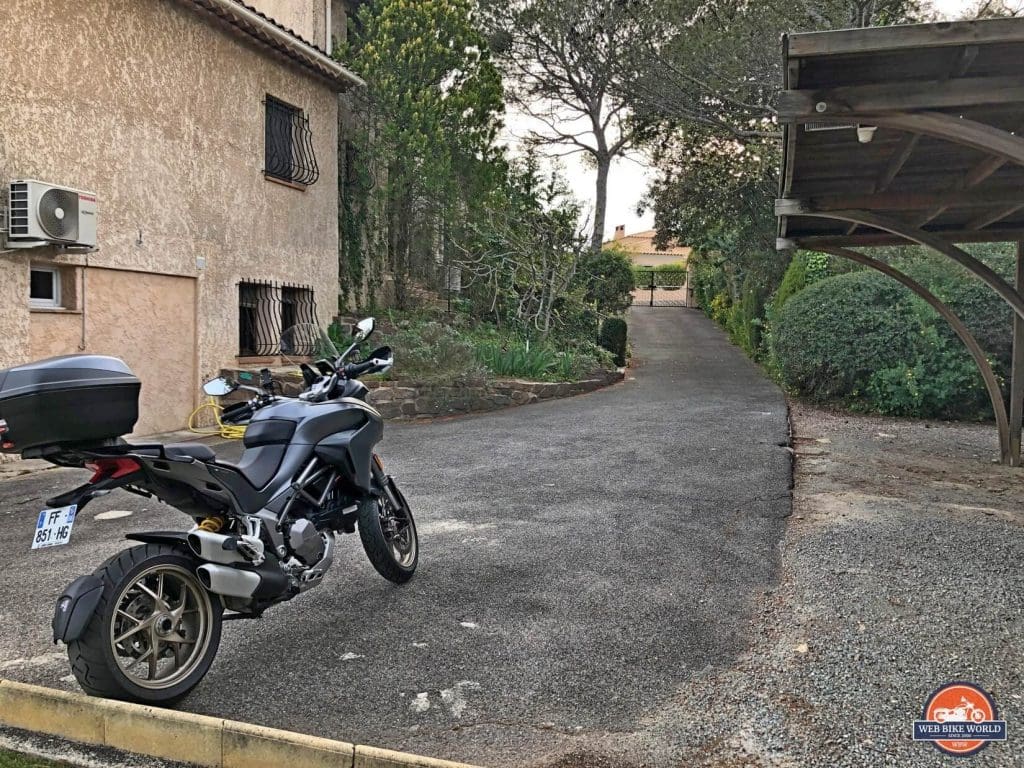 A 2019 Ducati Multistrada 1260S parked outside a villa in St. Raphael, France.