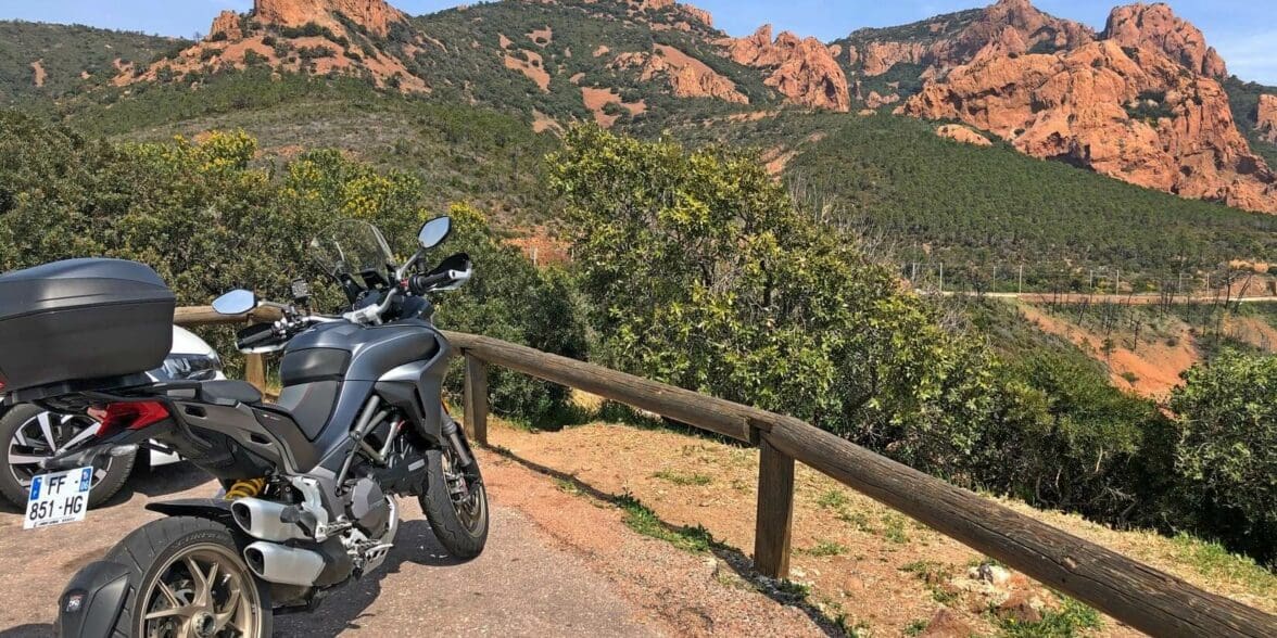 Red rocks in southern France with a Ducati Multistrada 1260S.