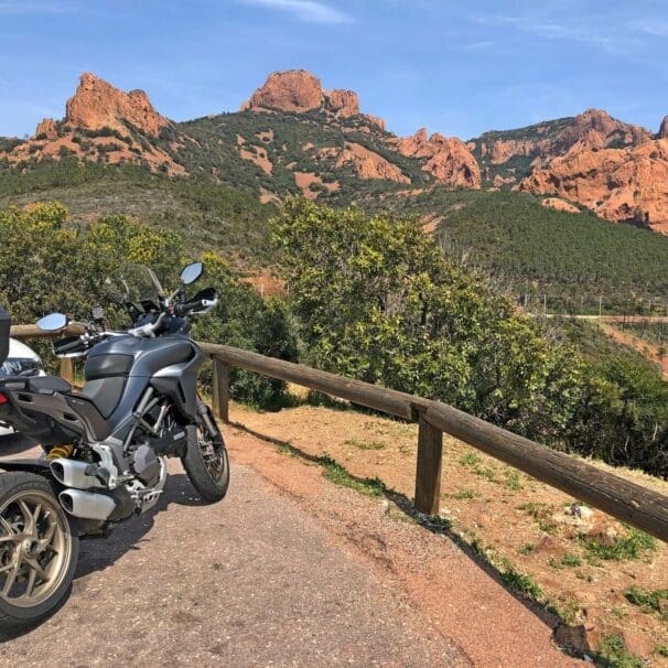 Red rocks in southern France with a Ducati Multistrada 1260S.