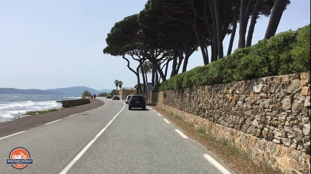 A road lined with trees along the Mediterranean Sea.