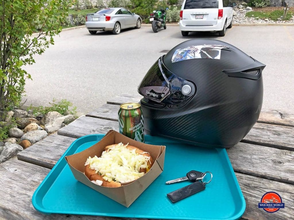 The Klim K1R helmet with two steamies, a spruce beer in Canmore, Alberta.