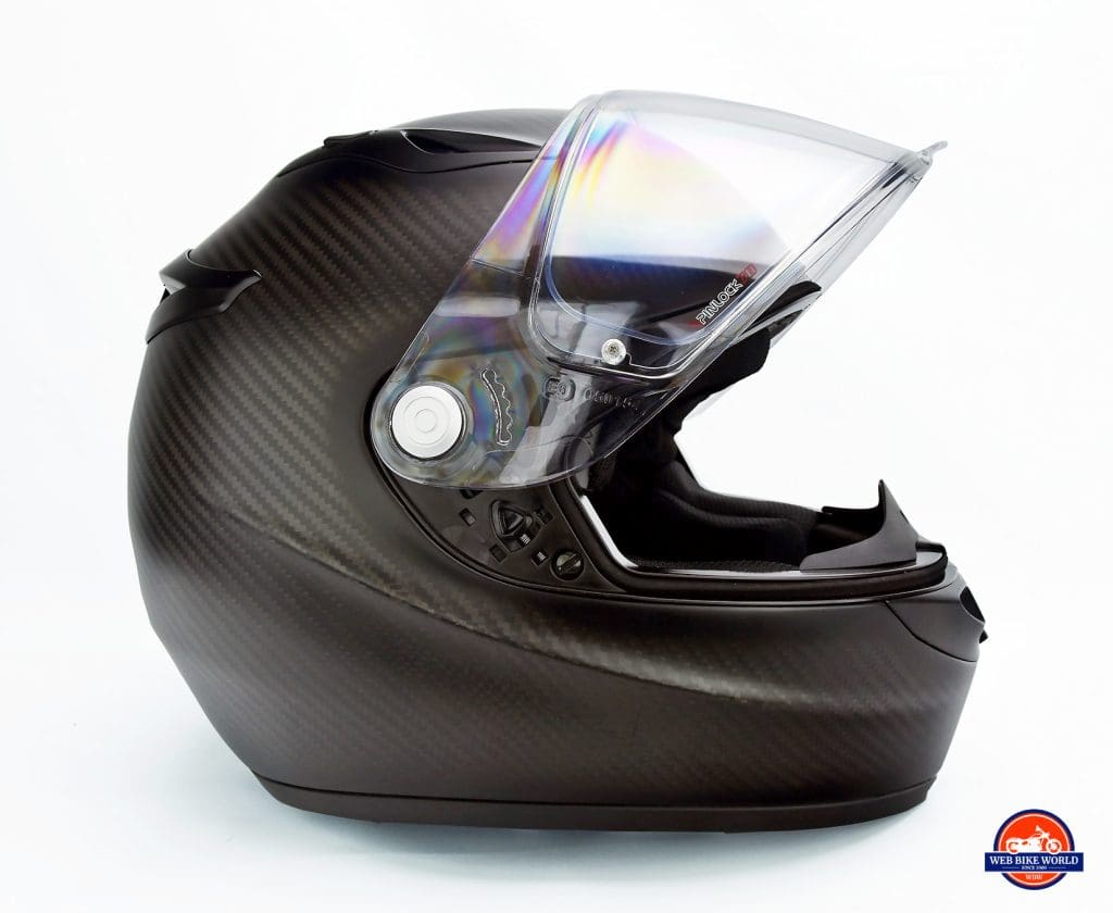 The Klim K1R helmet visor open.