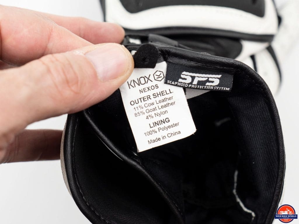 Knox Nexos Gloves interior info tag
