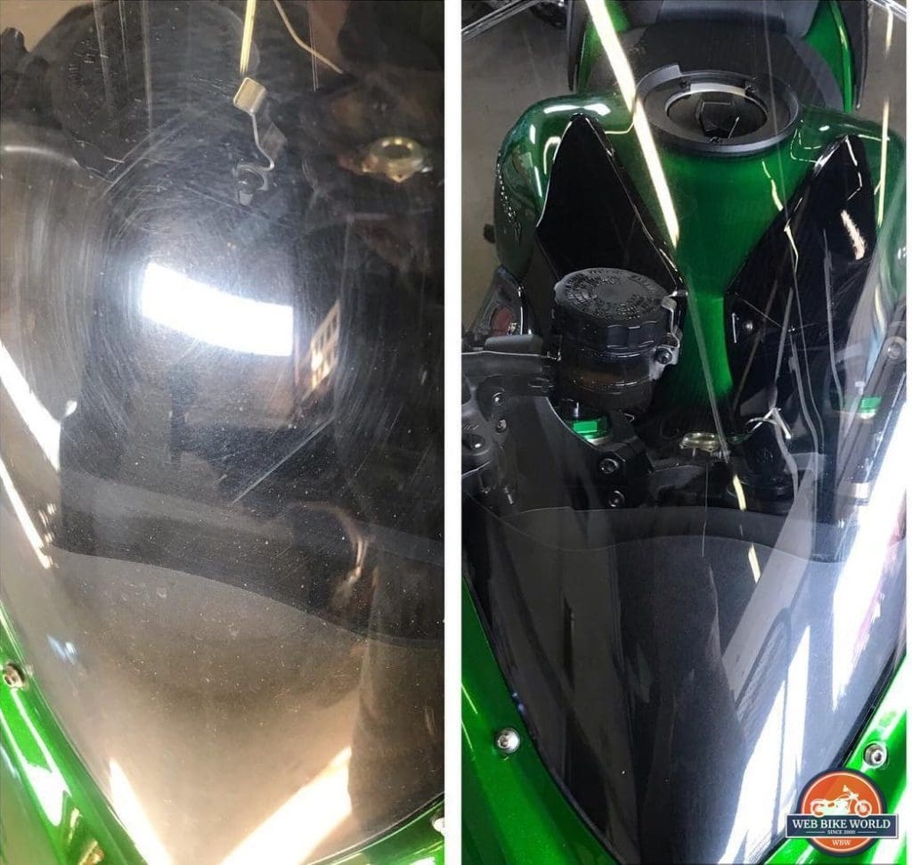 Before and after photo of my bike's windshield. Feynlab ceramic coating is on it now.