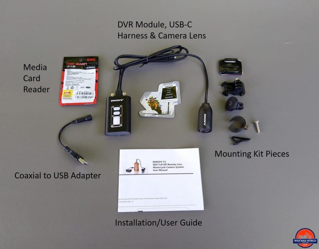 INNOVV C5 Helmet Camera - labeled kit contents