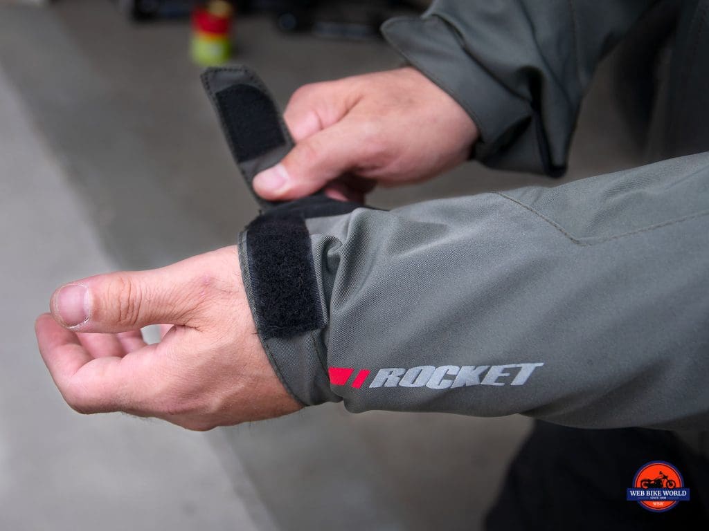 Wrist adjuster strap on the Joe Rocket Canada Alter Ego 14 jacket.