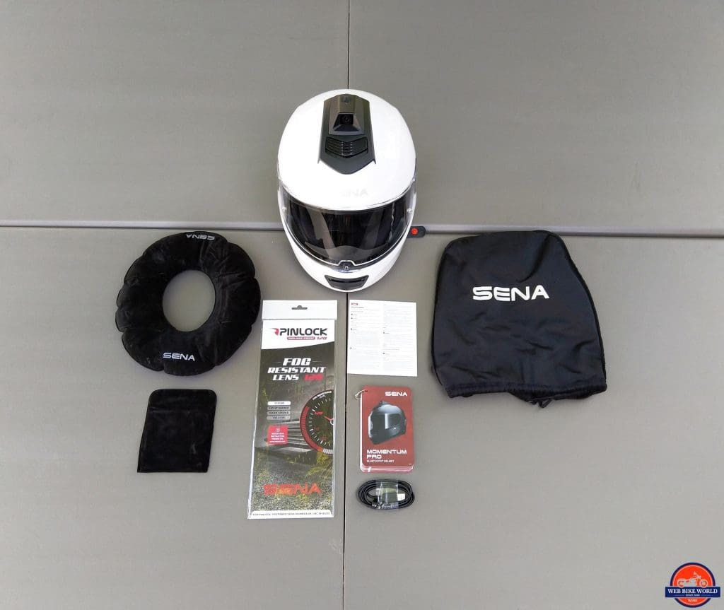 Sena Momentum Pro Helmet and included accessories