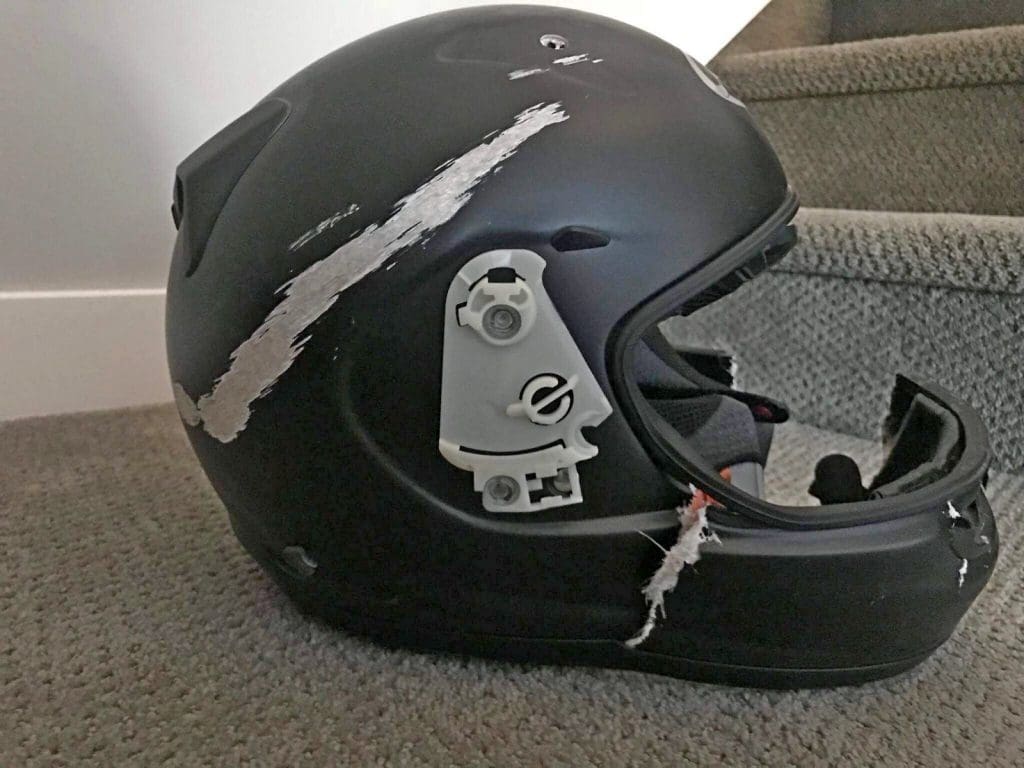 Destroyed helmet after a crash.