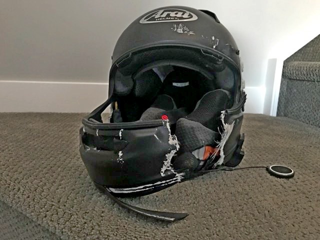 Destroyed helmet after a crash.