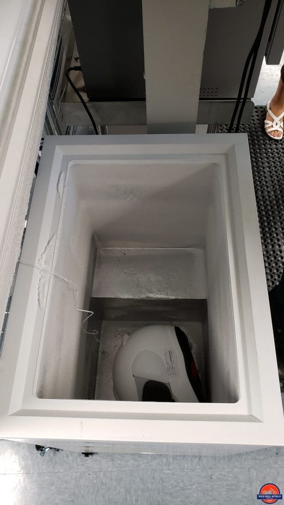 A helmet in the freezer before being Snell tested.