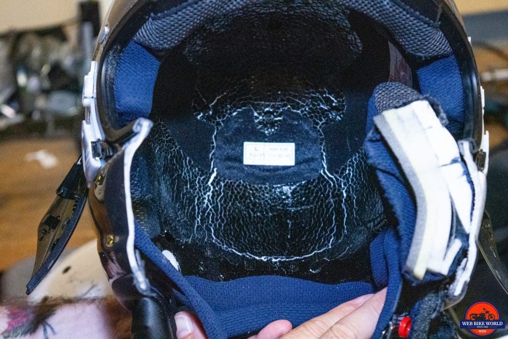 The inside of a helmet after going through impact testing.