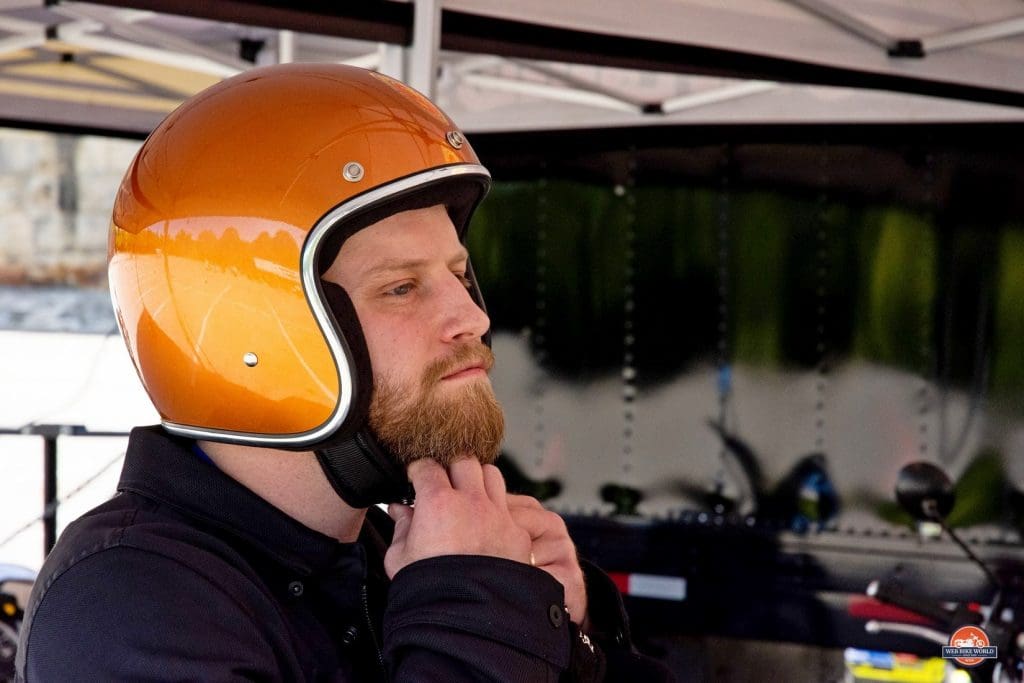 Wade trying on the matching helmet Royal Enfield loaned him for the demo ride.