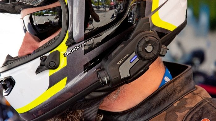 The Sena 10C Pro installed on an Arai DT-X helmet.