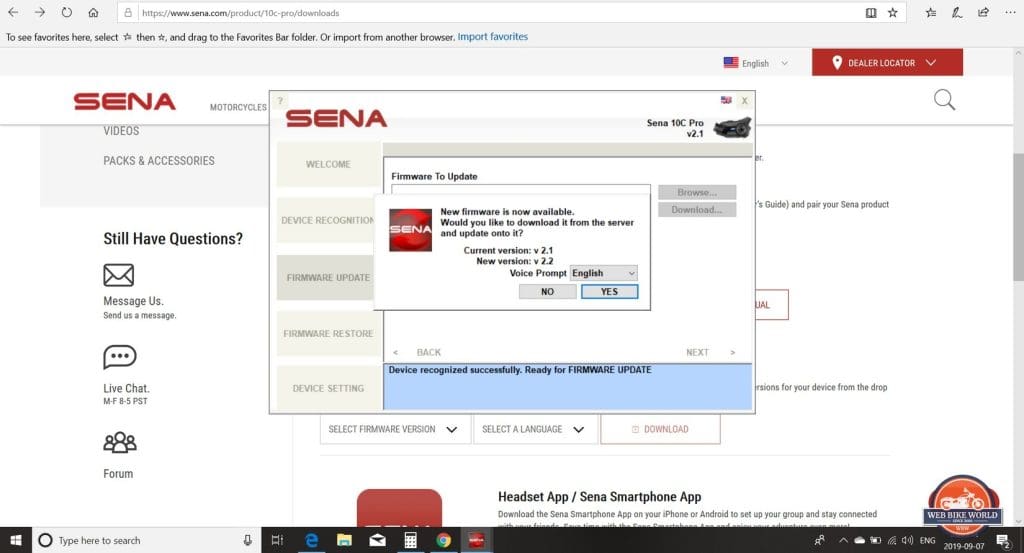 Using the Sena website to update the 10C Pro firmware.