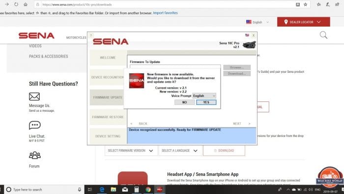 Using the Sena website to update the 10C Pro firmware.