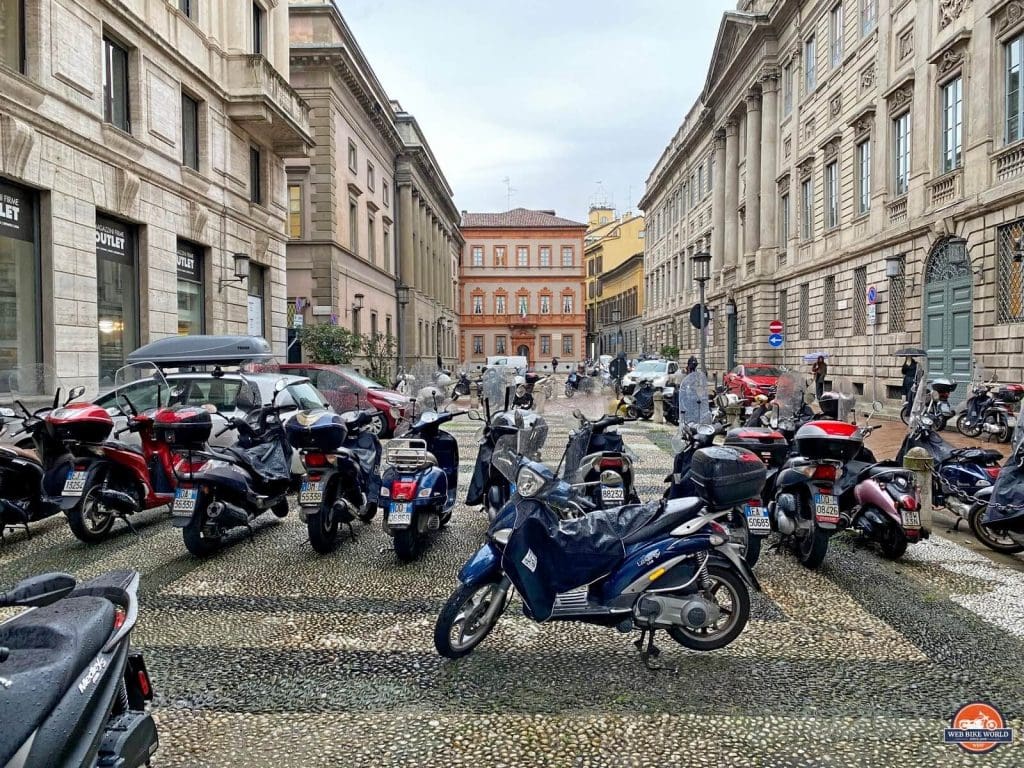 Scooters parked in the streets of Milan.