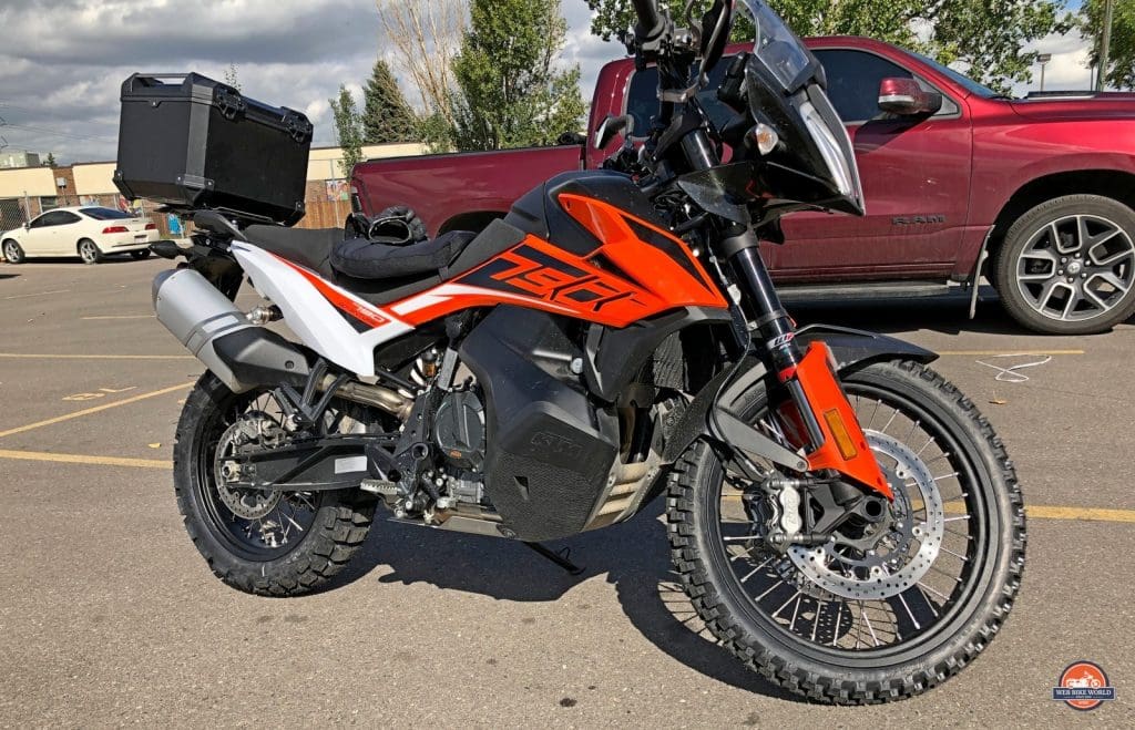 A 2019 KTM 790 Adventure with Motoz Tractionator Adventure tires on it.