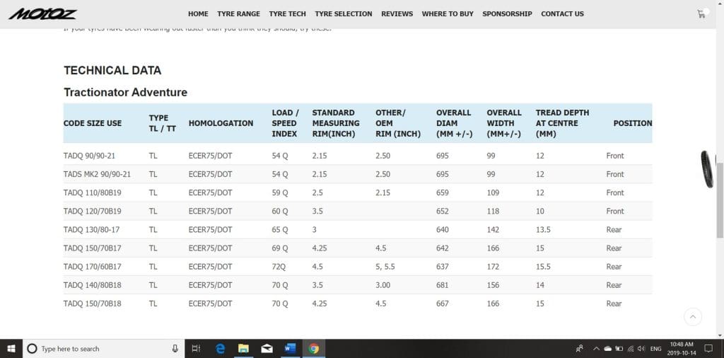 A screenshot showing specs about the Tractionator Adventure tires.