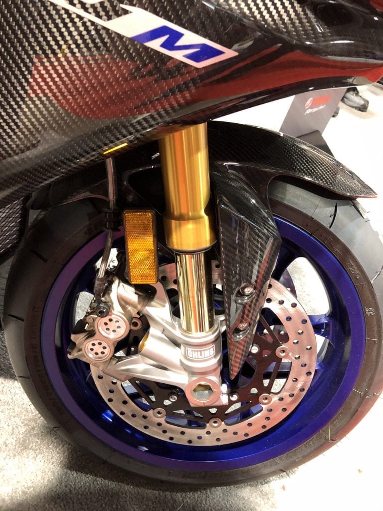 2020 Yamaha YZF-R1M front wheel, brake, and suspension detail