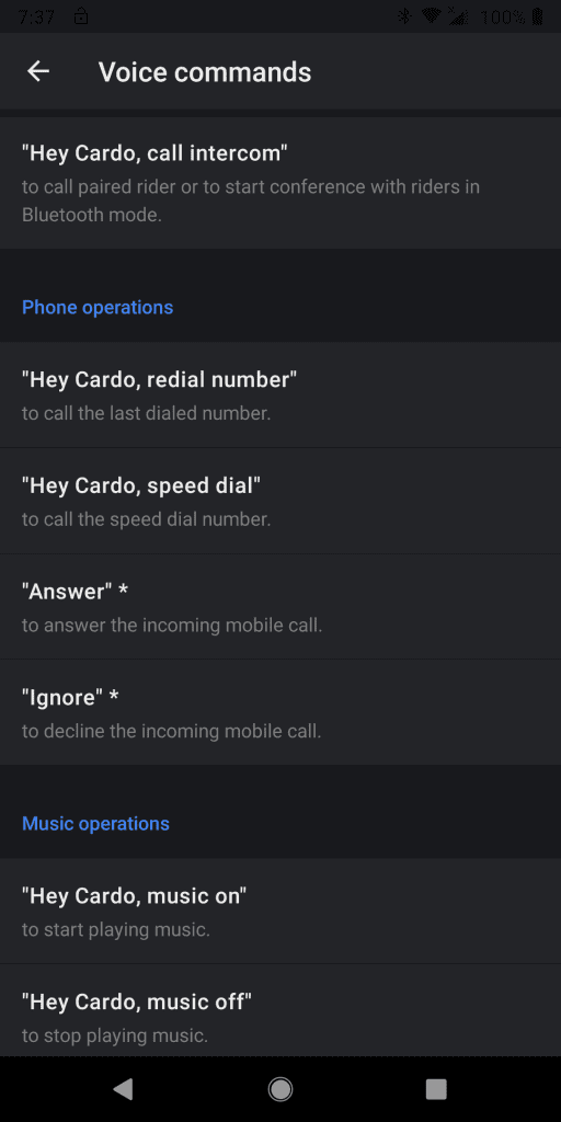 Cardo Connect App, sample voice command listing screen