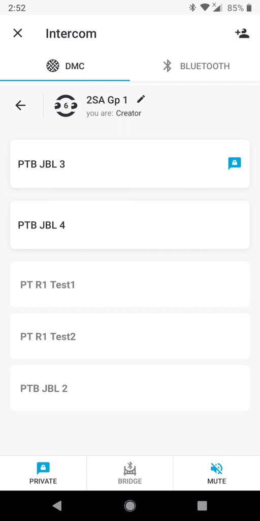 Cardo Connect App, showing six member DMC Group